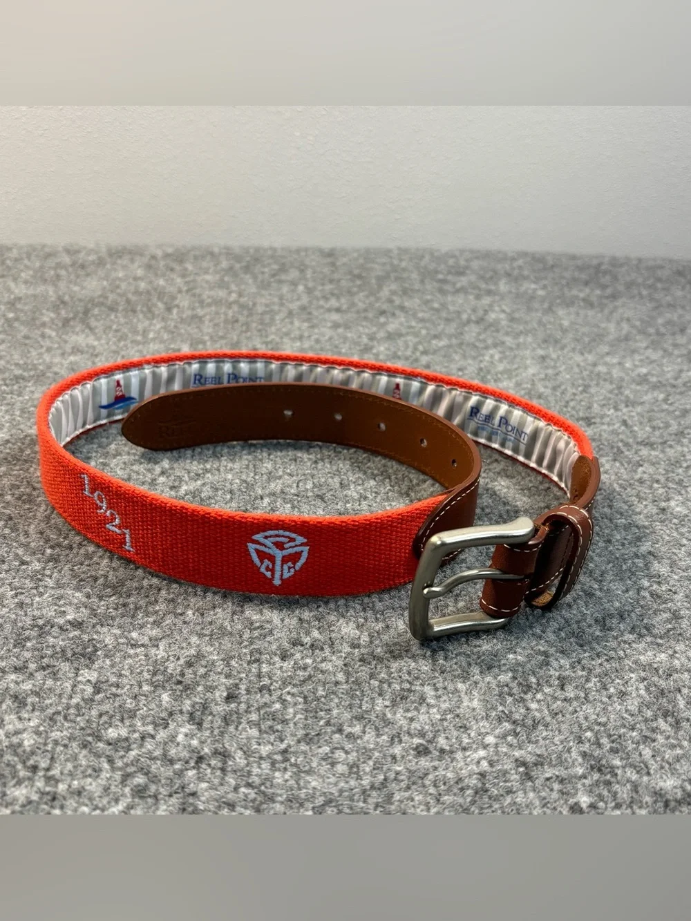 Reel Point Shelter Island Canvas Belt Size 32 Orange Embroidered 1921 USA Made